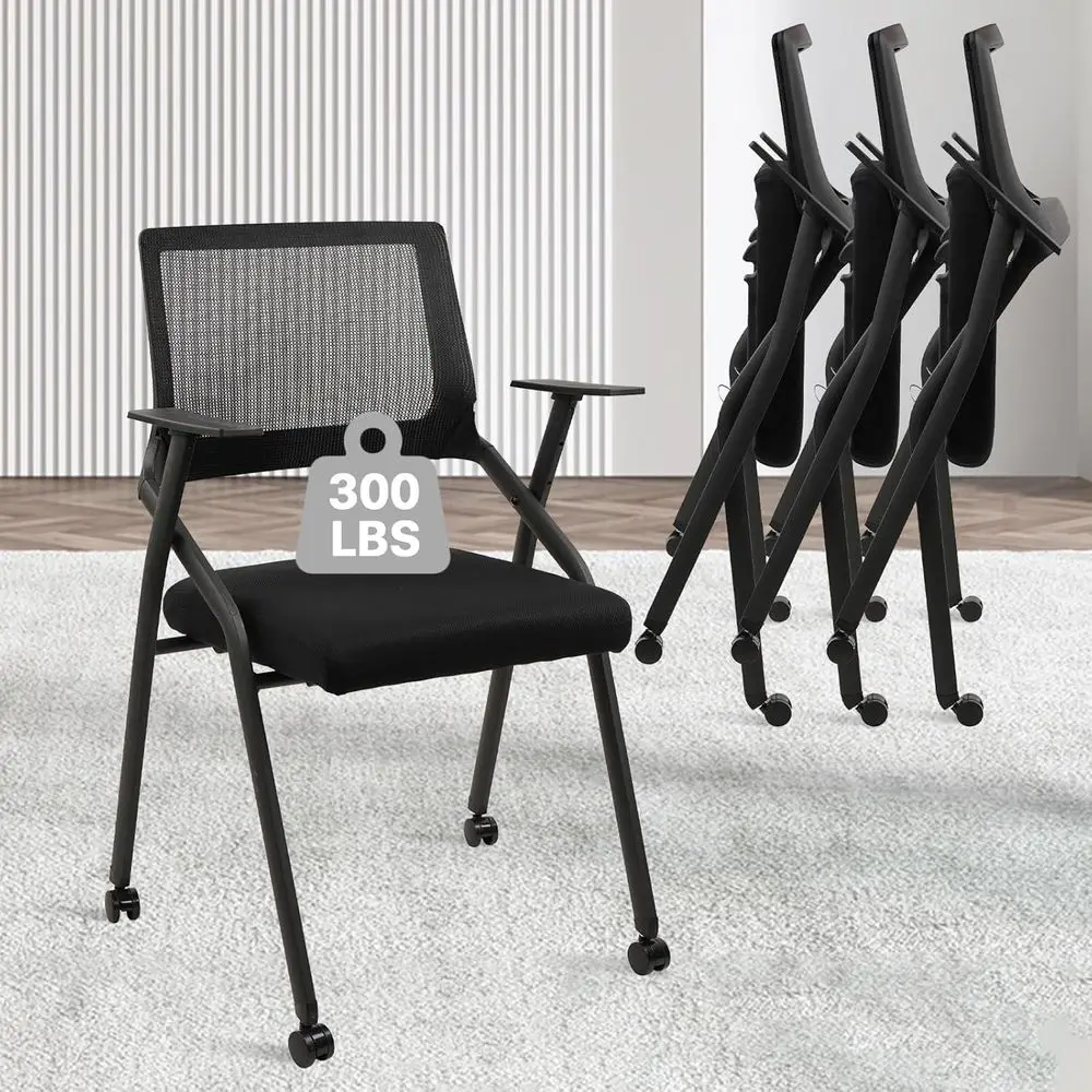 

Портативные штабелируемые офисные стулья с колесиками, мягкой подкладкой для комфорта, поясничной поддержки, подлокотники, идеально подходят для конференц-зала, тренировок