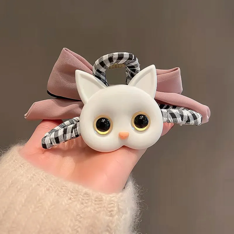 New Cartoon Cat Hair Claw for Women Vintage Check Bow Claw Clips Cute Temperament Hairpin Trendy Casual Aesthetic Hair Accessory