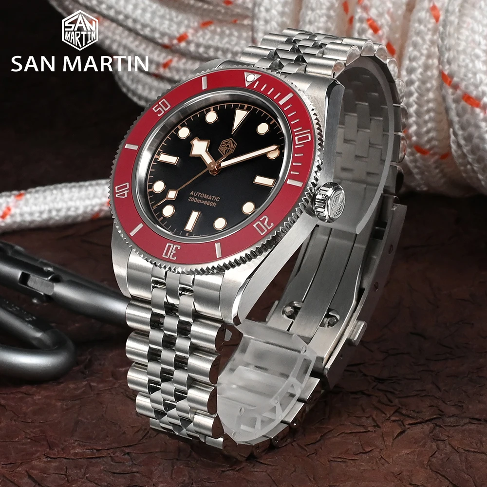 San Martin 40mm Diver Watch Men Classic NH35 Automatic Mechanical Watches Sapphire Wine Red Ceramic Bezel Waterproof Wristwatch