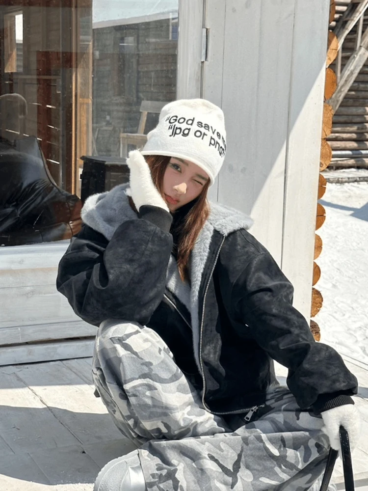 Słodki płaszcz zimowy damski ze skóry PU i bawełny z futrzanym kołnierzem, wzór Orła Górskiego, wyściełany długi płaszcz...