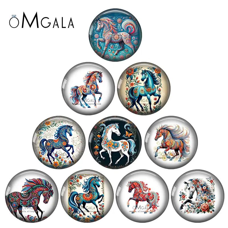 Folk Art Flowers with Horse Pattern 12mm/18mm/20mm/25mm Round Photo glass cabochon demo flat back Making findings