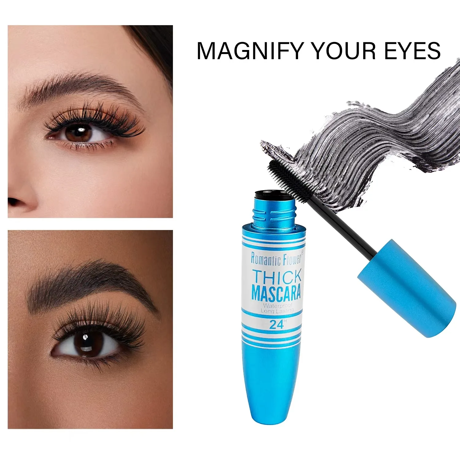 방수 4D 래쉬 볼류마이징 마스카라 두껍고 길어진 컬링 속눈썹을 위한 오래 지속되는 24시간 얼룩 방지 마스카라