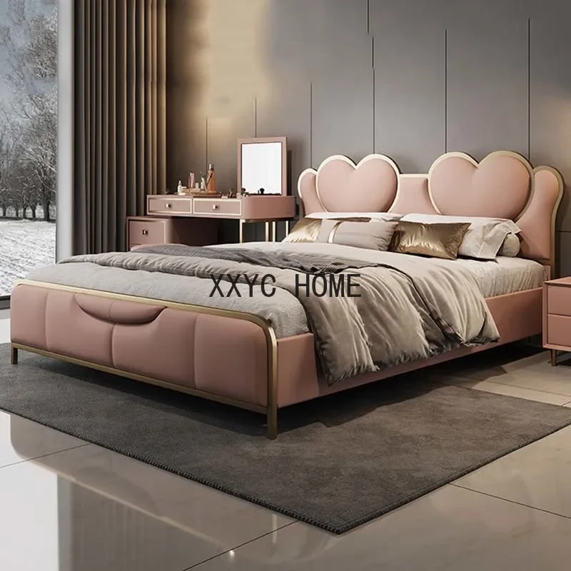 Pink Heart-shaped Love Bed Wooden Queen Size Safe Luxury Girls Couple Italian Bed Marriage Designer Nordic Cama Home Furniture