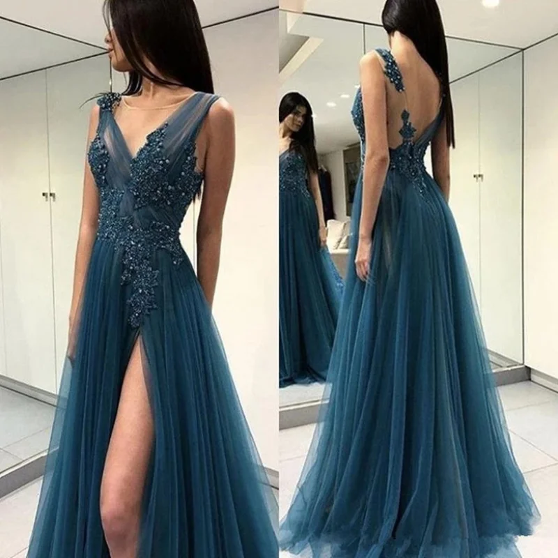 

Wholesale Evening Dresses with Slit Long Prom Dresses V Neck Appliques Beading Women Formal Party Dress Vestido De Festa