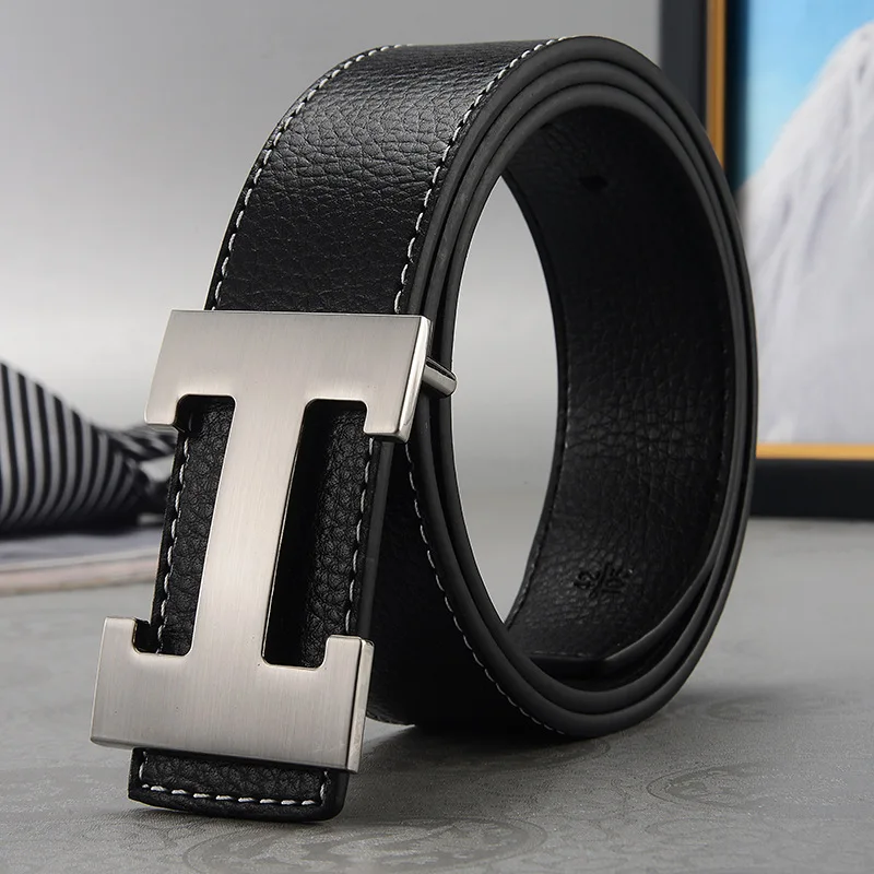 New Men's Leather Belt with Litchi Pattern and Smooth Buckle, Featuring an H Buckle, Fashionable, Casual, Trendy, and Versatile