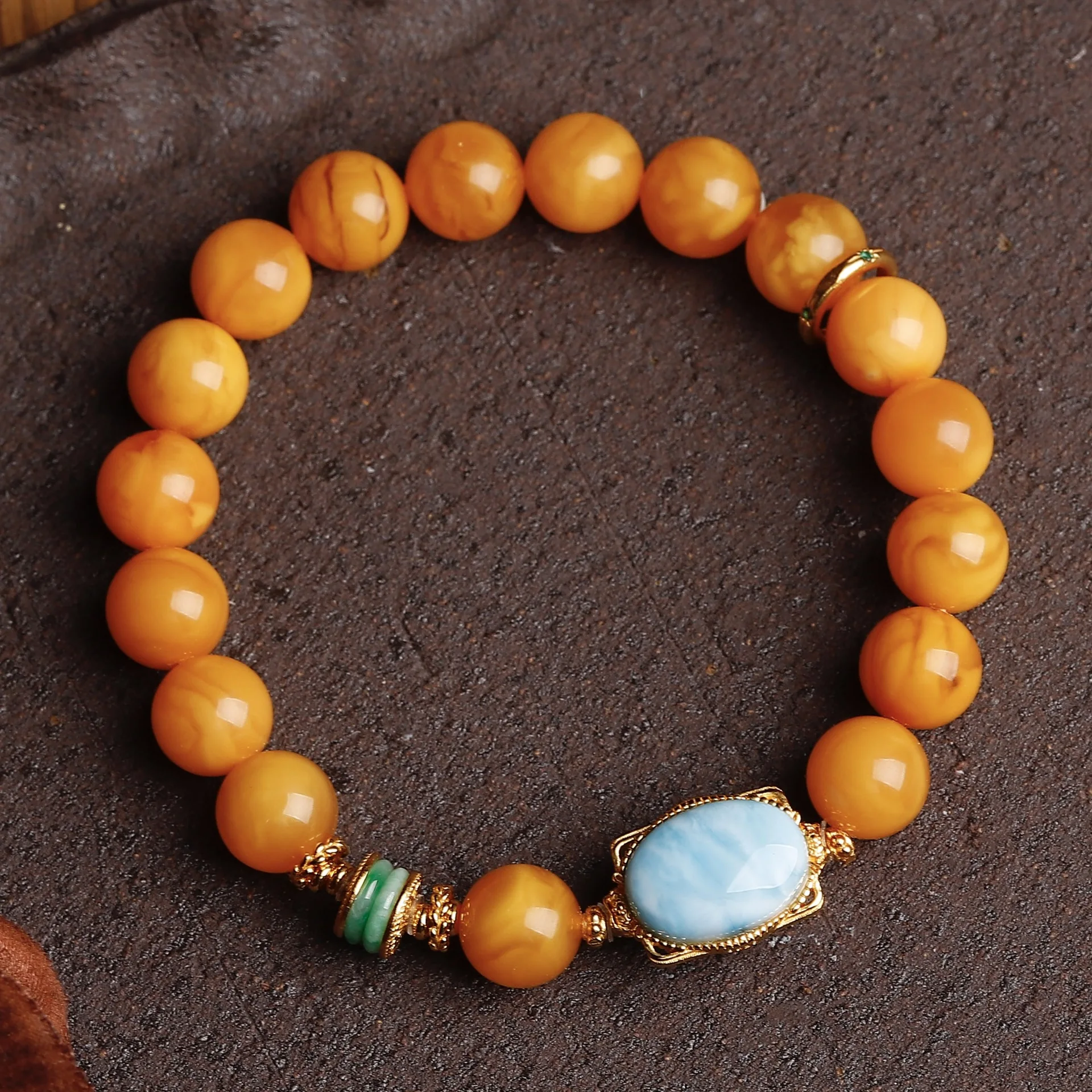 

Одиночный браслет из натурального янтаря из бисера, ларимар-кабошон с серебряной и нефритовой пряжкой мира, ювелирные изделия из драгоценных камней в китайском стиле, подарок