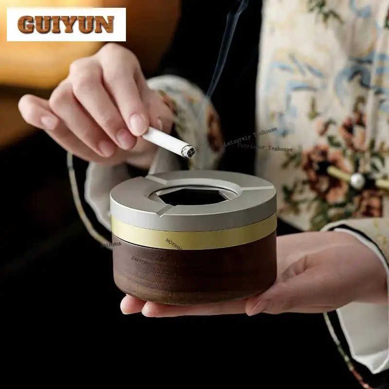 Walnut Wood Rotating Aluminum Alloy Ashtray Ancient Tobacco Shop Puddle Ash Tray Weed Smoking Teaware Supplies Decoration
