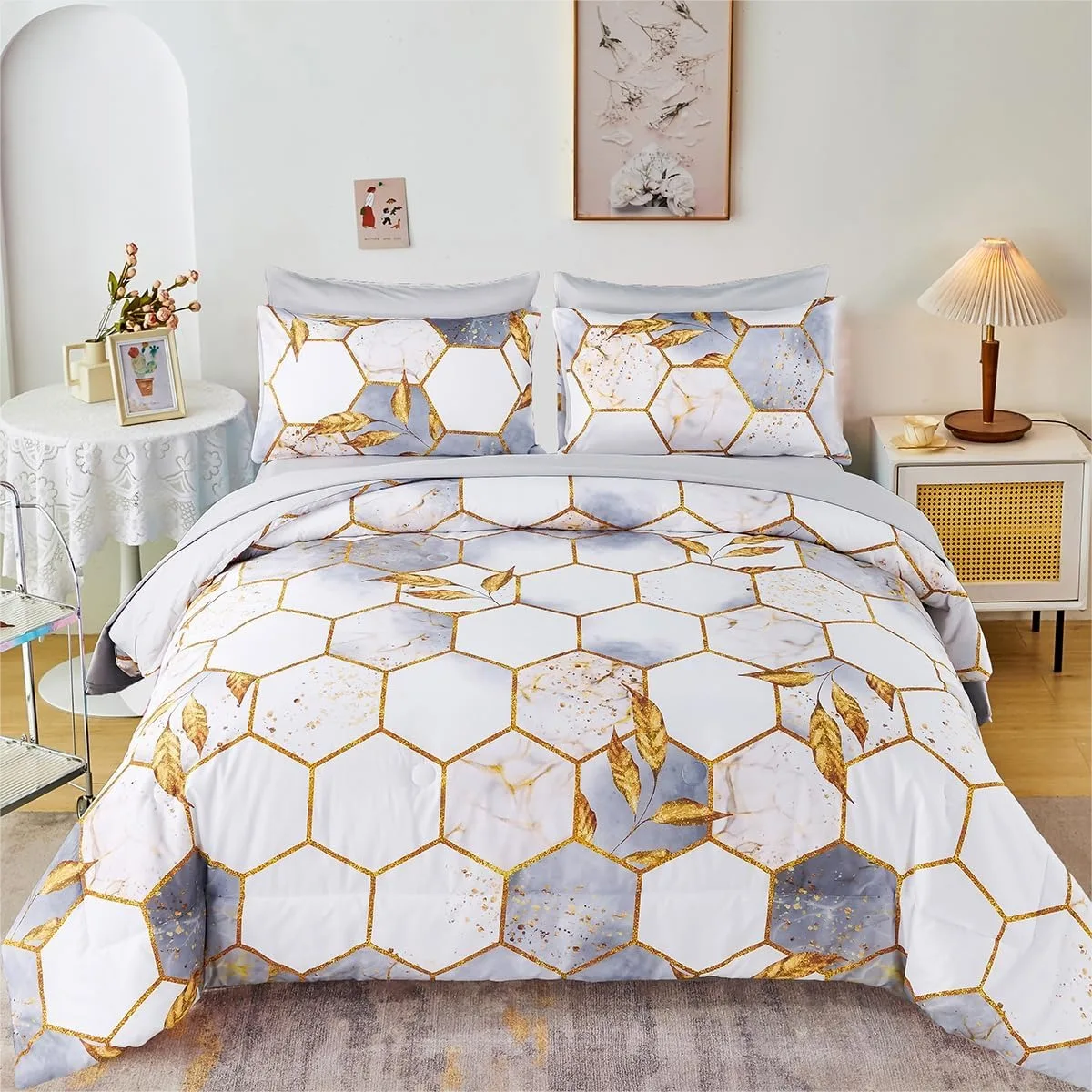 

Light Grey Geometric Comforter Set Queen Size 7 PC White Gold Hexagon Bed Set with Sheets Pillowcases