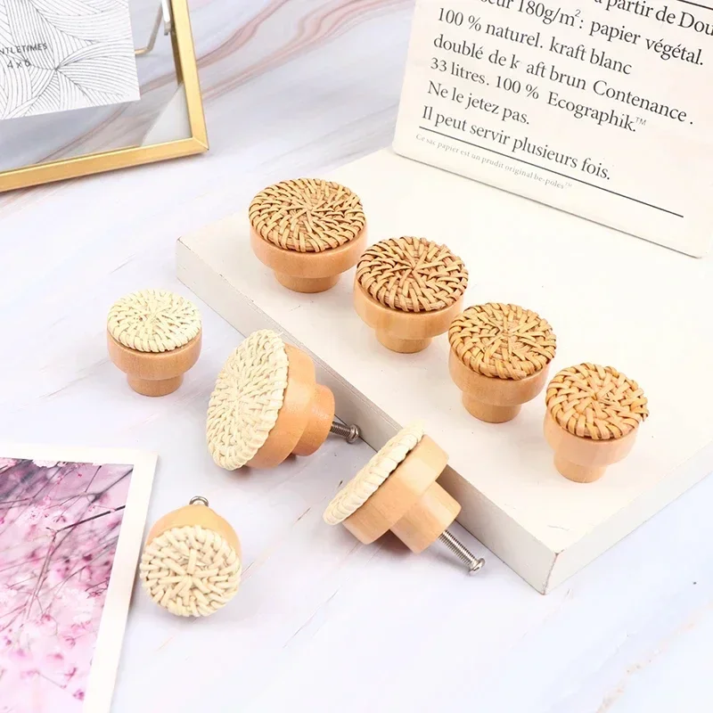 1pcs Wooden Handles Dresser Knobs Round Rattan Furniture Handles Handmade Kitchen Cupboard Drawer Knobs