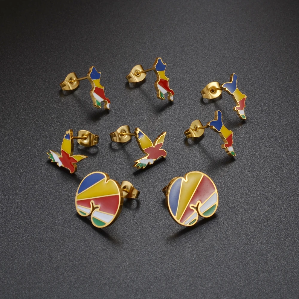 Anniyo (1 par) Seychelles bandera mapa Mahe Praslin Coco De Mer pendientes joyería de acero inoxidable para mujeres y niñas # 516962