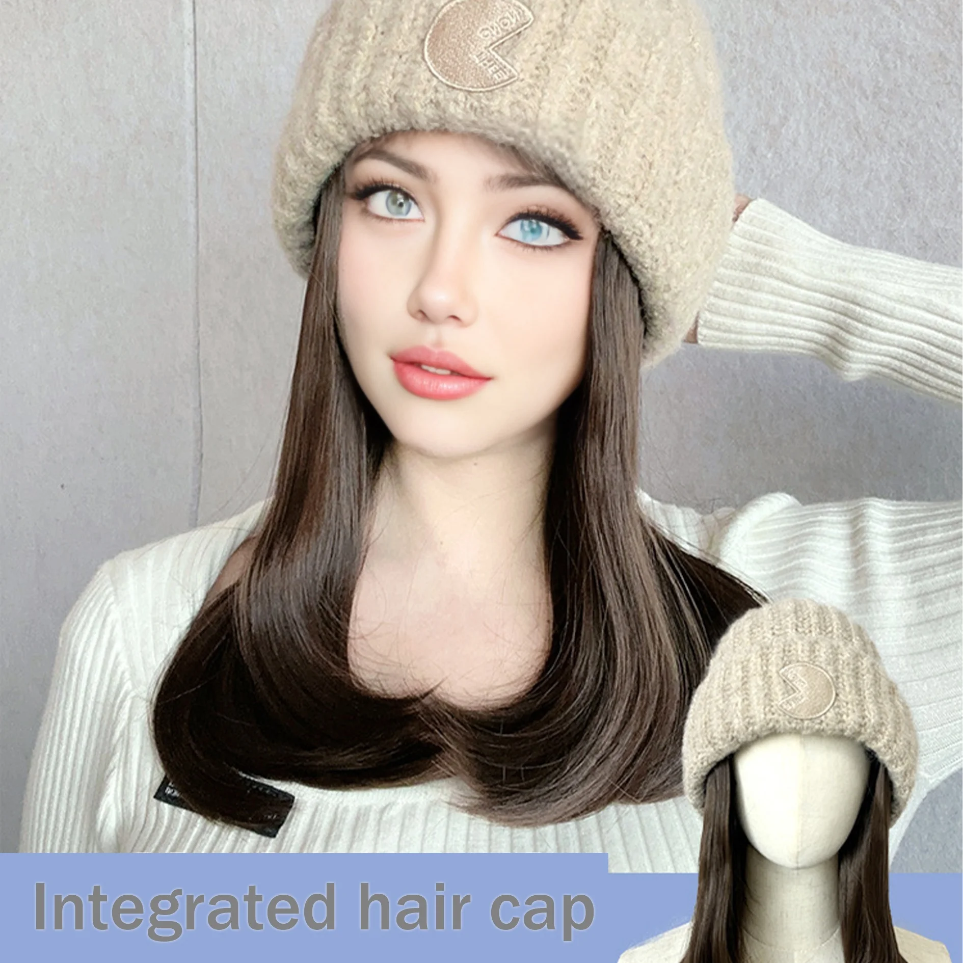 Synthetic hat wig integrated female clavicle hair simulation hair full head cover new women's fashion knitted wig hat