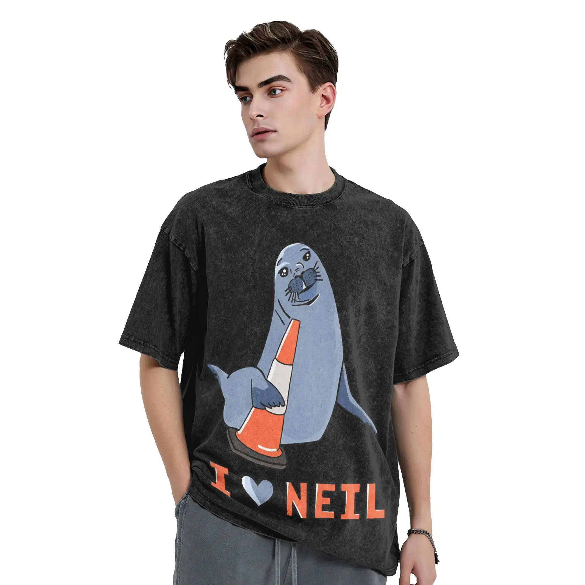 I Love Neil the Seal T Shirt Hip Hop Washed Short Sleeve Oversize T-Shirt  Vintage Men Women Tops Streetwear Summer Tops Tees