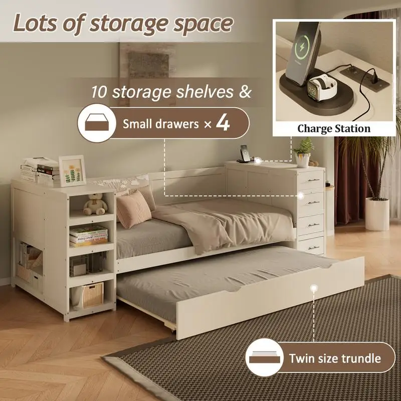 سرير نهاري خشبي أبيض بحجم مزدوج مع دولاب وأرفف جانبية وأدراج تخزين ومكتب متعدد الوظائف مع محطة شحن لـ #5