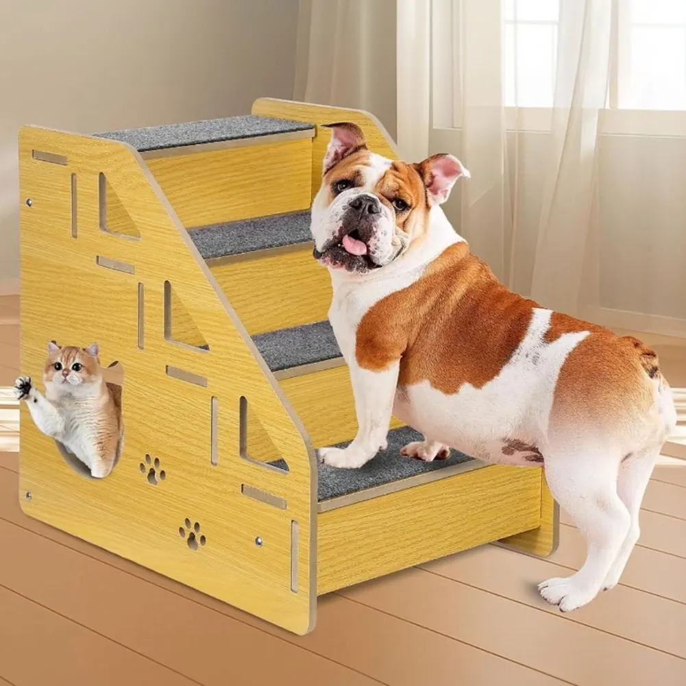 

4-Step Wooden Pet Stairs Nonslip Carpeted Indoor Pet Steps Wooden Pet Ladder Pet Furniture for Dogs and Cats for Bed