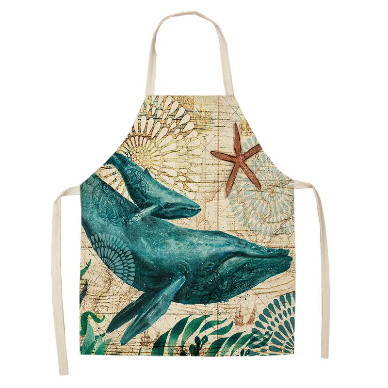 1 Pcs Turtle Ocean Color Pattern Cleaning Art Aprons Home Cooking Kitchen Apron Cook Wear Cotton Linen Adult Bibs Women Apron