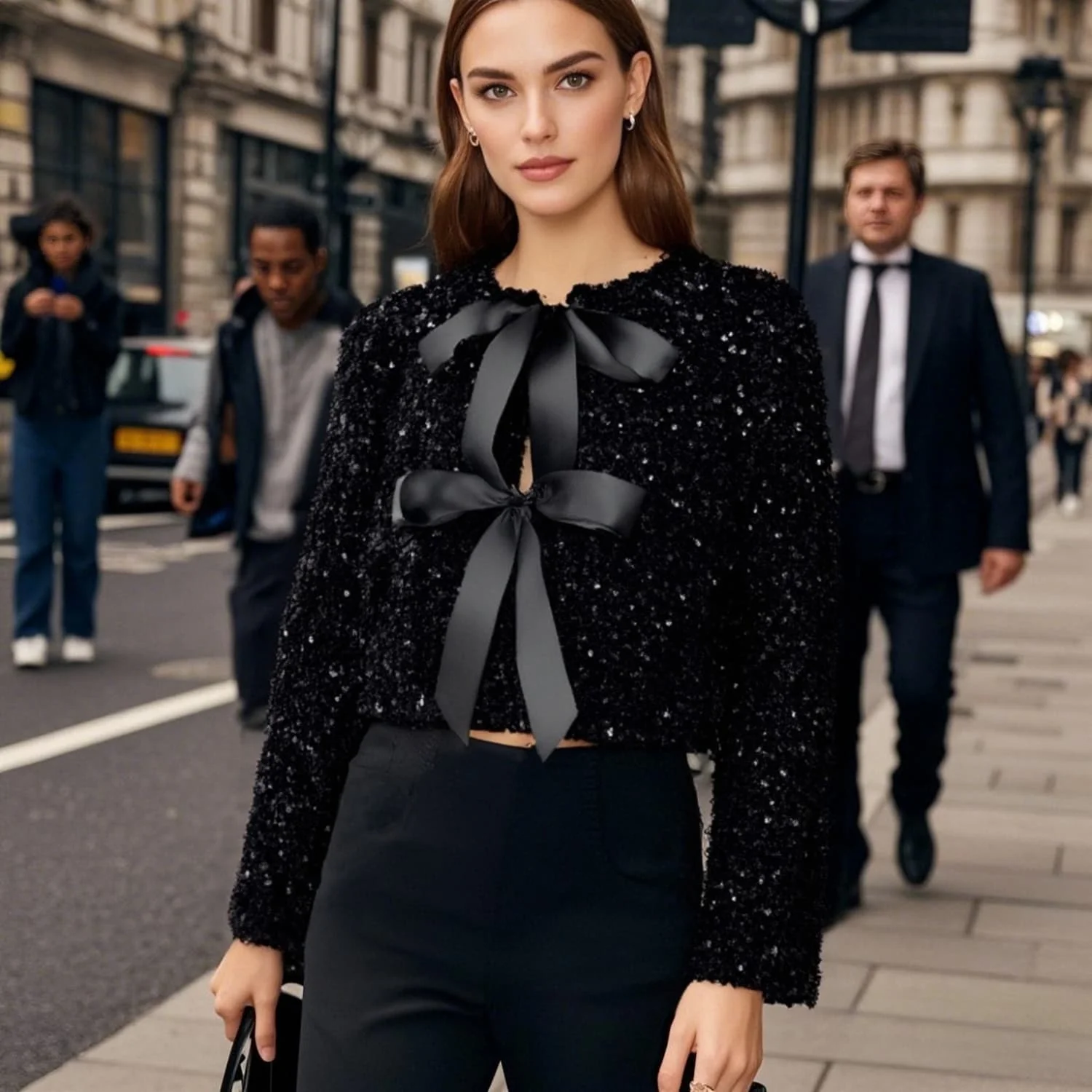 

PB&ZA Женская укороченная вязаная блузка с длинными рукавами и двойными большими атласными бантами для очаровательного и модного внешнего вида