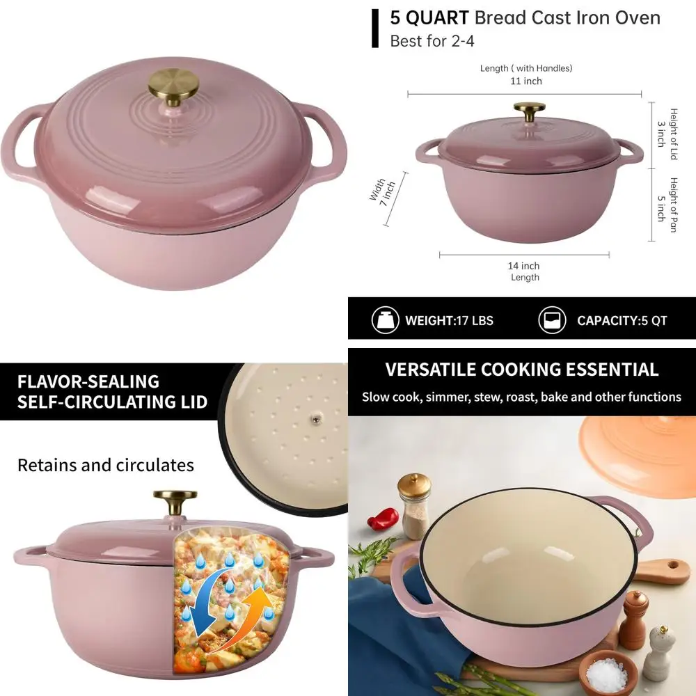 

Non-Stick 5.5 QT Oval Dutch Oven for Bread Baking - Perfect for Sourdough, Loaf, and Artisan Baking in Round Pink
