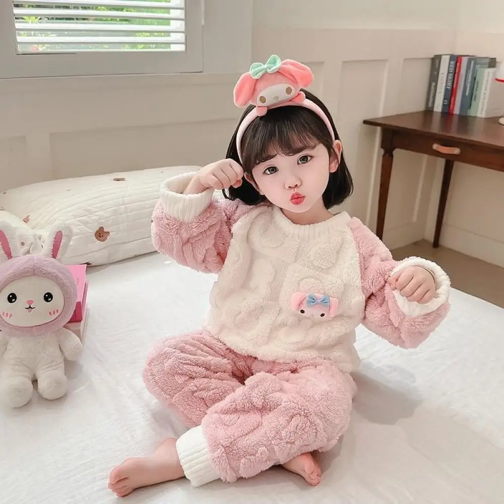 

Anime Mymelody Children Girls Pajama Flannel Autumn Winter Set Kawaii Cartoon Cute Sweet Sanrio Comfort Keep Warm Home Wear Gift