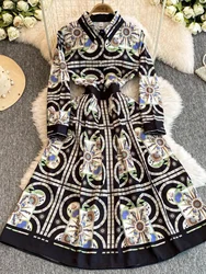 Runway New 2025 Spring Summer Floral Long Dress Shirt Women Single Breasted Full Sleeve Cartoon Print Midi Vestidos Female