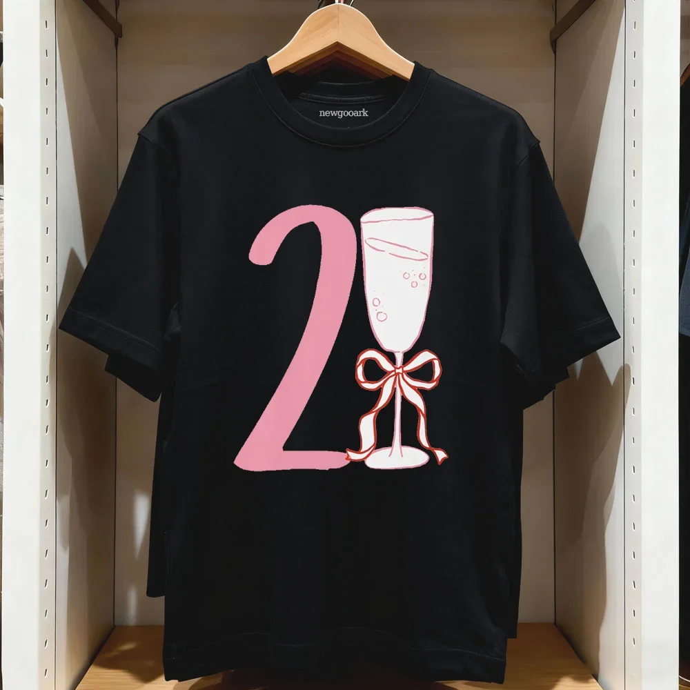 21st Birthday Shirt for Women Pink Bow Champagne Glass Graphic Tee Finally Legal Party Outfit Girly Birthday Gift Tops