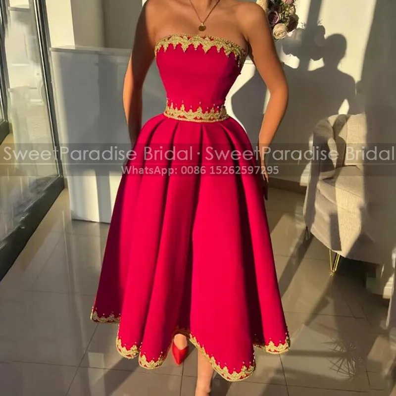 

Fluffy A Line Prom Dresses Strapless Gold Appliques Tea Length Customized Red Satin Long Evening Dress Party