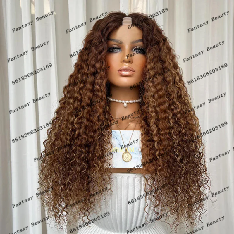 Easy Daily Wear Middle U Part Remy Human Hair Wigs for Black Women Highlight Water Curly Bayalage Brown V Part Wigs Natural Hair