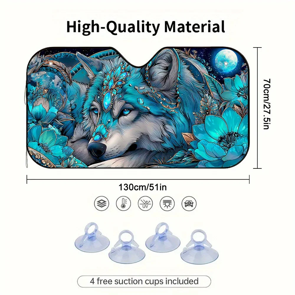 One Piece Of A Two-Dimensional Flat Sunshade Featuring A Blue Wolf Floral Design – Designed To Maintain A Cool Temperature In Yo