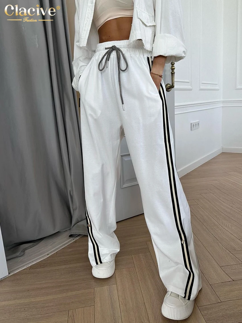 

Clacive Fashion Loose White Women'S Pants 2023 Casual High Waist Full Length Pants Streetwear Elegant Spliced Straight Trousers