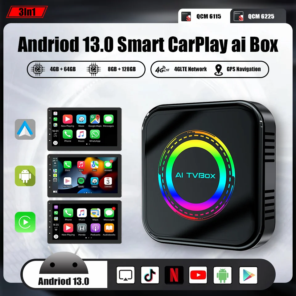 

New Android 13 Ai Box QCM 6225 8 Core 128G Android Auto & Apple CarPlay 3In1 Car Smart LED Multimedia Box SIM 4G LTE Plug & Play