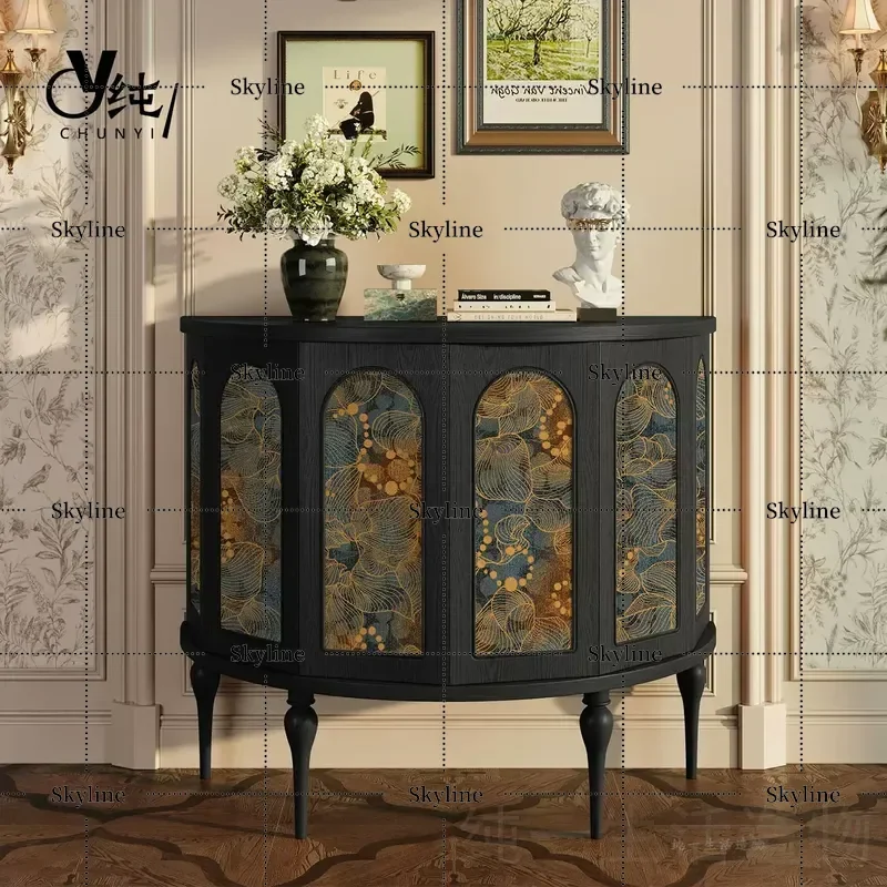 for French Medieval Solid Wood Porch Cabinet American Retro Foyer Semicircular Hexagonal Corner Cabinet Living Room Home