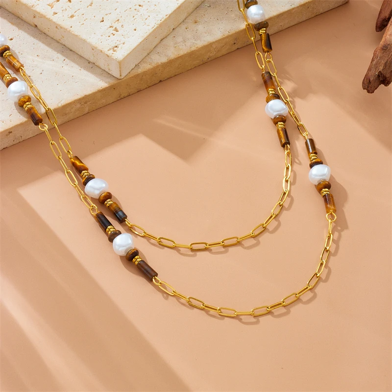 DIEYURO 316L Stainless Steel Murad Bamboo Bead String Pearl Double Necklace For Women Girl Fashion Trend Neck Chain Jewelry Gift