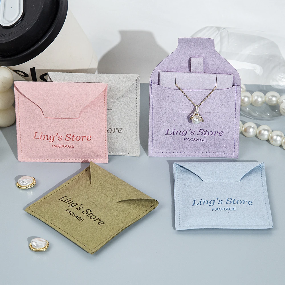 

100Pcs Custom Logo Microfiber Jewelry Envelope Bag Earrings Rings Necklace Pendant Card Organizer Gift Packaging Storage Pouches