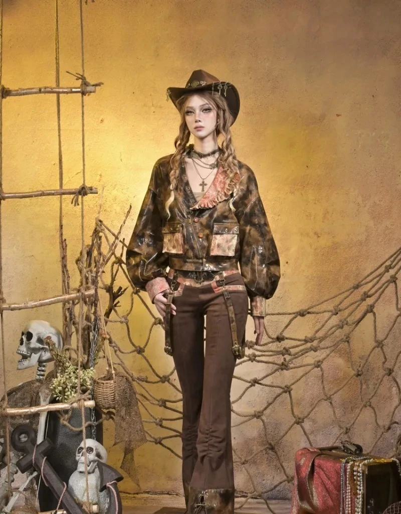 Original Elegant Lolita Cosplay Suit Punk Knitted Stitching Straps Stand-up Collar Lace Top Low Waist Retro Overalls Trousers