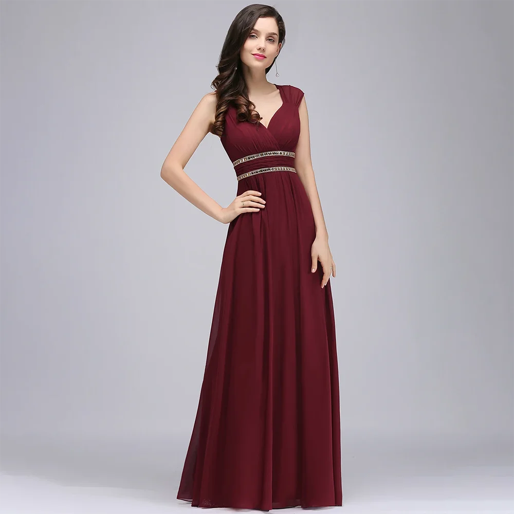 

Long Chiffon A-line V-Neck Sleeveless Evening Dresses Crystal Beaded Backless Elegant Formal Wedding Evening Party Gowns