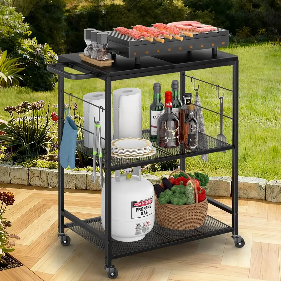 

Cart for Outside, 3Tier BBQ Food Prep Rolling Table Cart, with 23.62 Lx 15.75 W Stainless Steel Tabletop, Outdoor Pizza Oven Tab