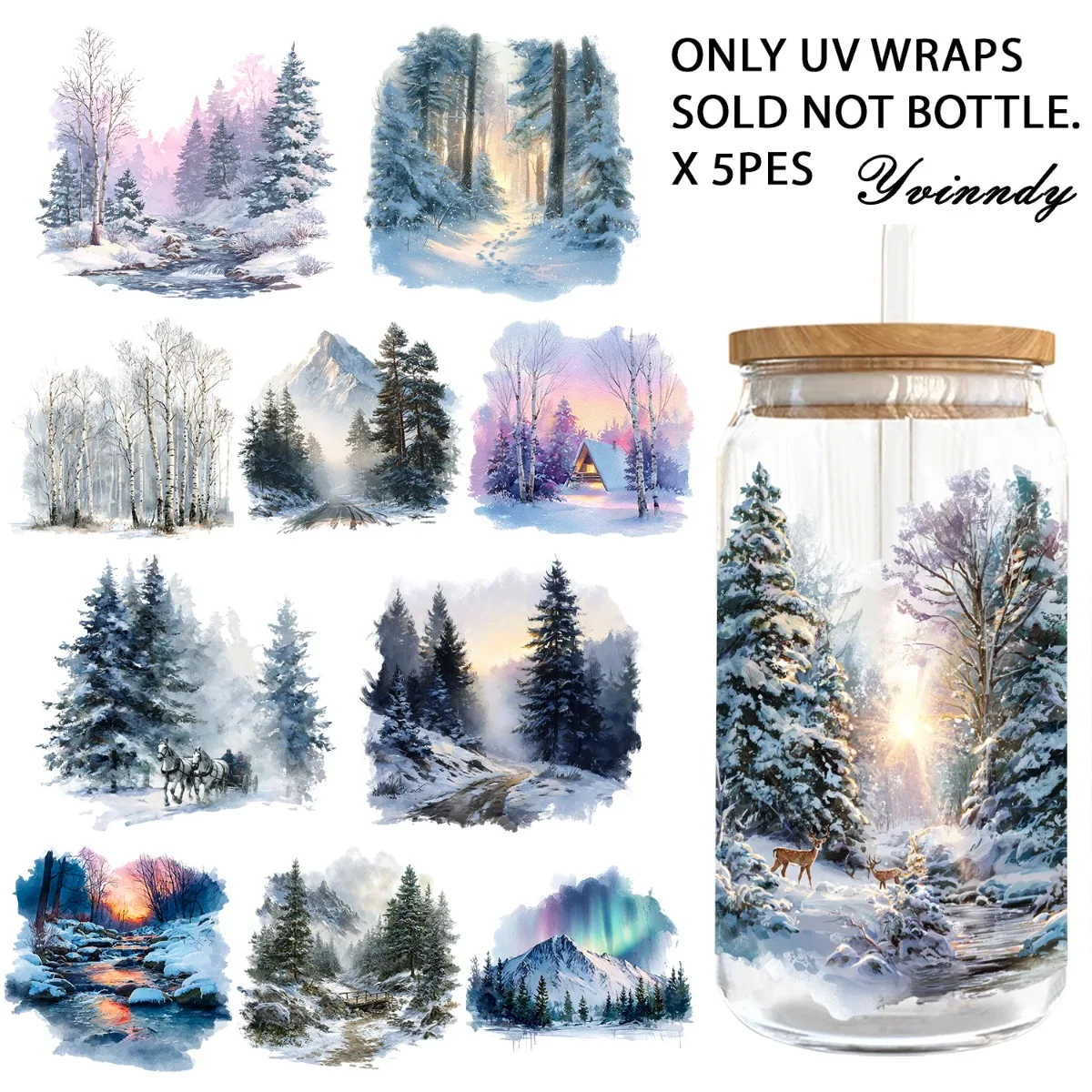 

5PCS/Set Of 16OZ UV DTF DIY Transfer Paper - Snow And Ice Forest Scenery UV DTF Waterproof Film (Excluding Water Cup)