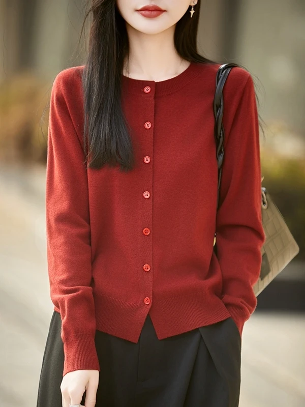 

100% Wool Button-Up round Neck Open Cardigan Women's 2026 New Style Slimming Versatile Knitwear Soft Casual Loose Fit