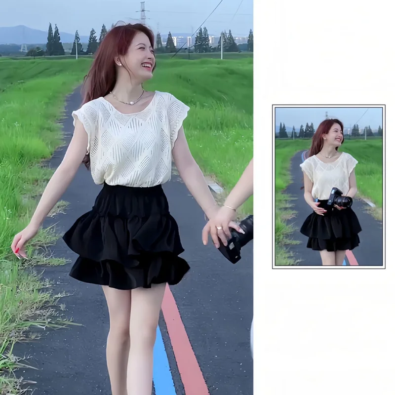 

Women Summer Hollow Out Knit T-Shirts Ball Gown 1 or Two Piece Set Lady Korean Fashion Tops Black Skirts Outfits 2025 New Suits