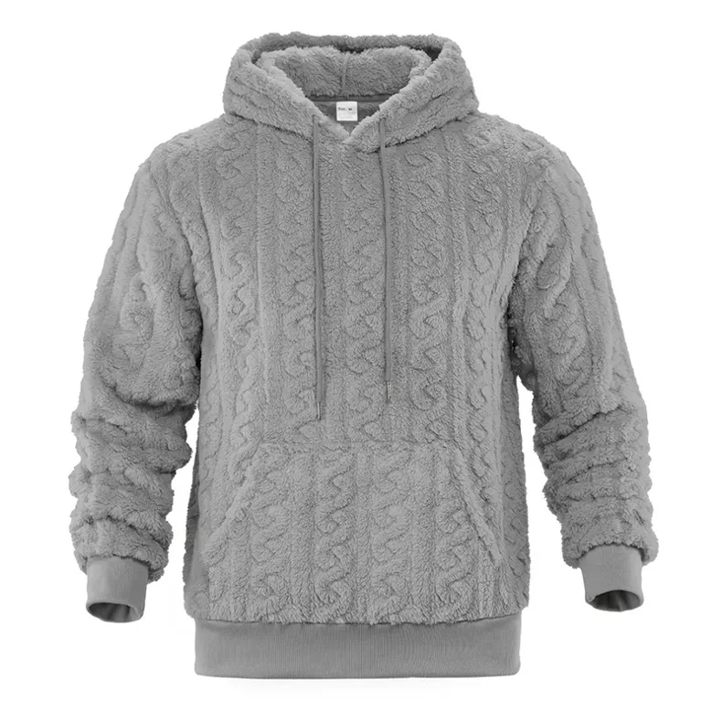 Men Grey Cable Embossed Sherpa Hoodie Warm Loose Pullover Fleece Sweatshirt