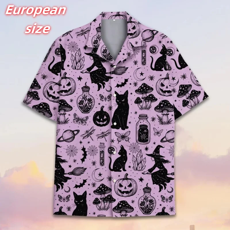 

Cat Pumpkin Skull Pattern Hawaiian Shirt For Men Happy Halloween 3D Printed Blouse Summer Short Sleeve Lapel Tops Aloha Shirts