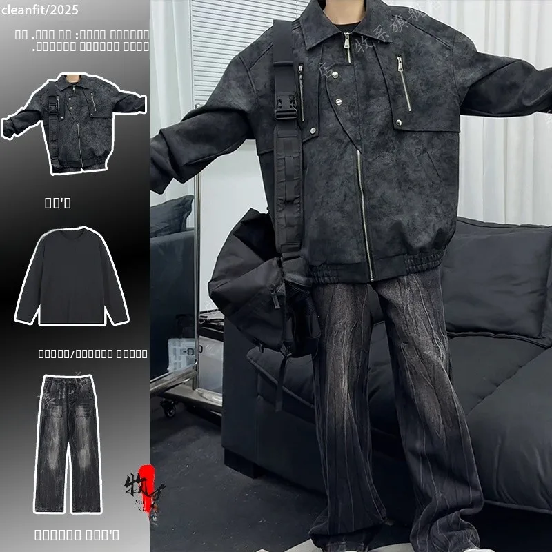 

Мужской весенний комплект в стиле ретро: кожаная куртка-жакет в американском стиле, свободный крой, декорированный молниями, для повседневной носки