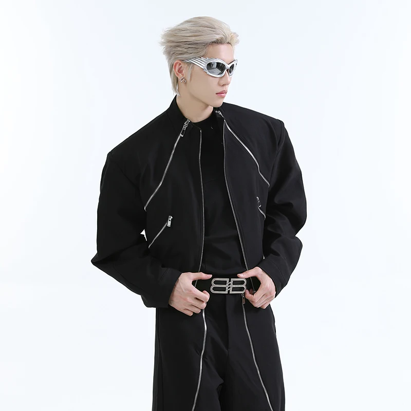 FEWQ Silhouette Multi Zipper Collarless Casual Jacket Loose Versatile Pants Set 2024 Solid Color Darkwear Male Sets 24E2229