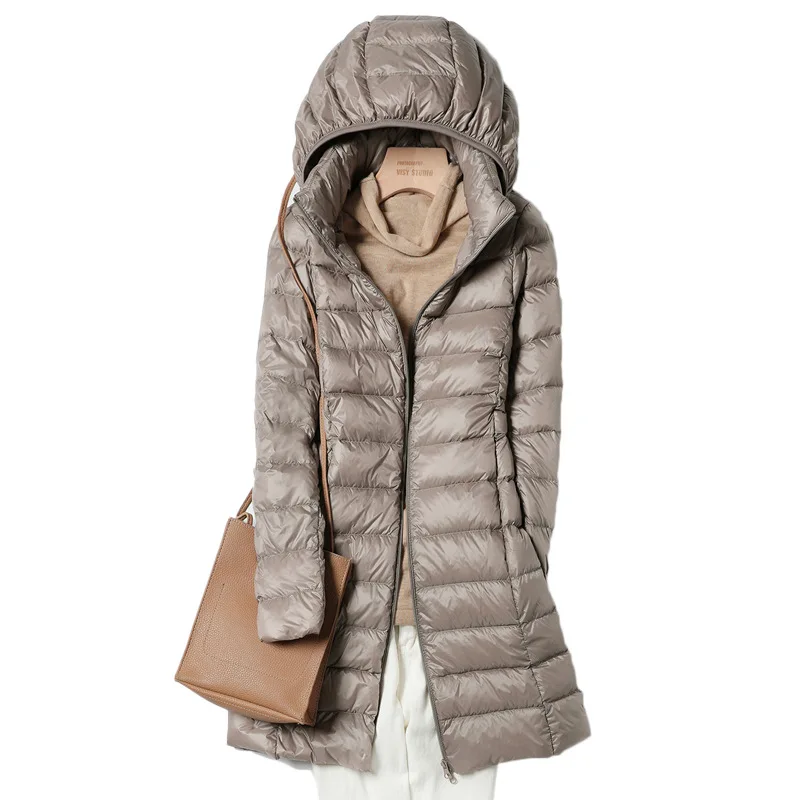 

Autumn Winter New Light Down Jacket Women's Mid-length Strip Cap Slim Hooded Large Size White Duck Down Coat