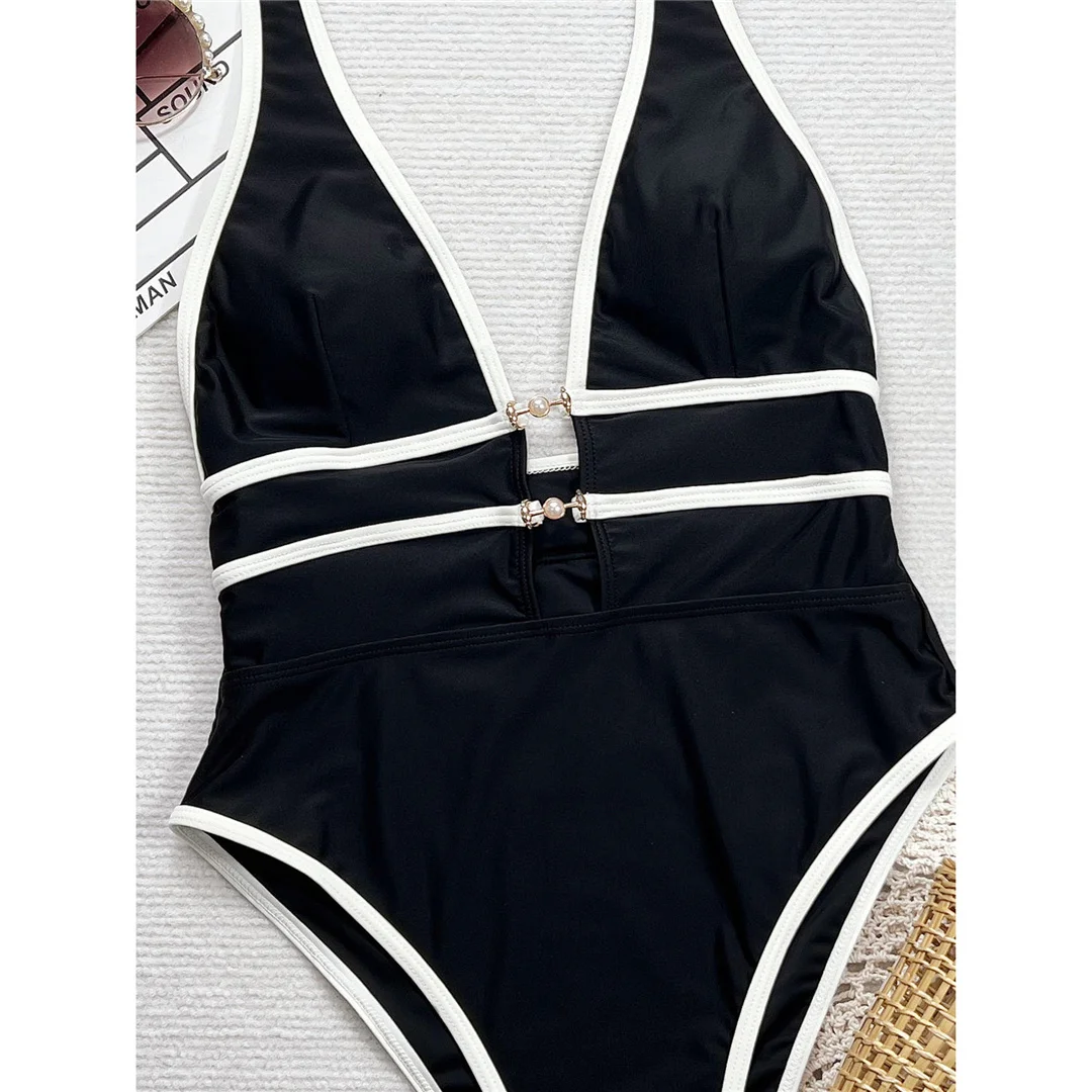 Einteiliger Badeanzug mit tiefem V-Ausschnitt, Halterneck und hohem Beinausschnitt, Damen-Bademode, rückenfreier Monokini, gepolsterter Badeanzug, Badeanzug, Modell V6710. – Detail 12