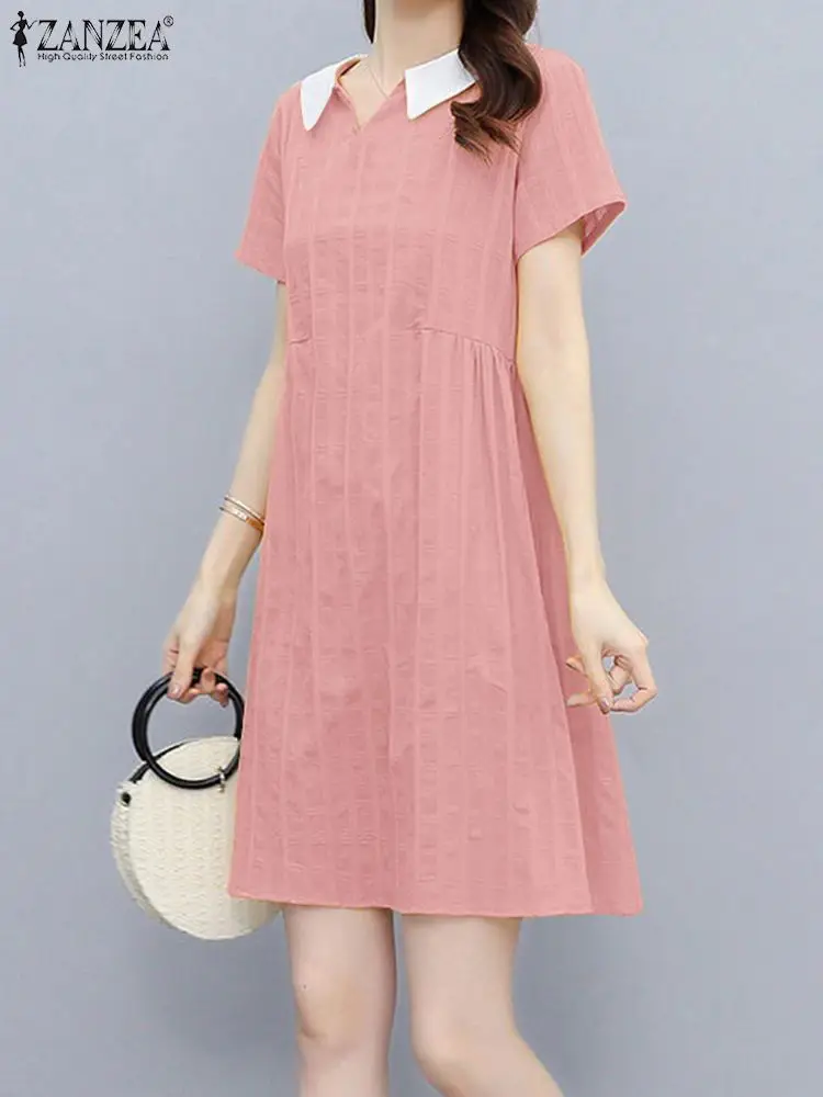 

2024 ZANZEA Fashion Summer Elegant Work OL Sundress Casual Party Holiday Vestido Women Lapel Neck Short Sleeve Knee-length Dress