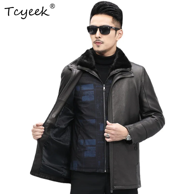 

Tcyeek Goatskin Autumn Winter High End Lapel Black Detachable Mink Inner Liner Medium Length Men Genuine Leather Jacket 가죽자켓