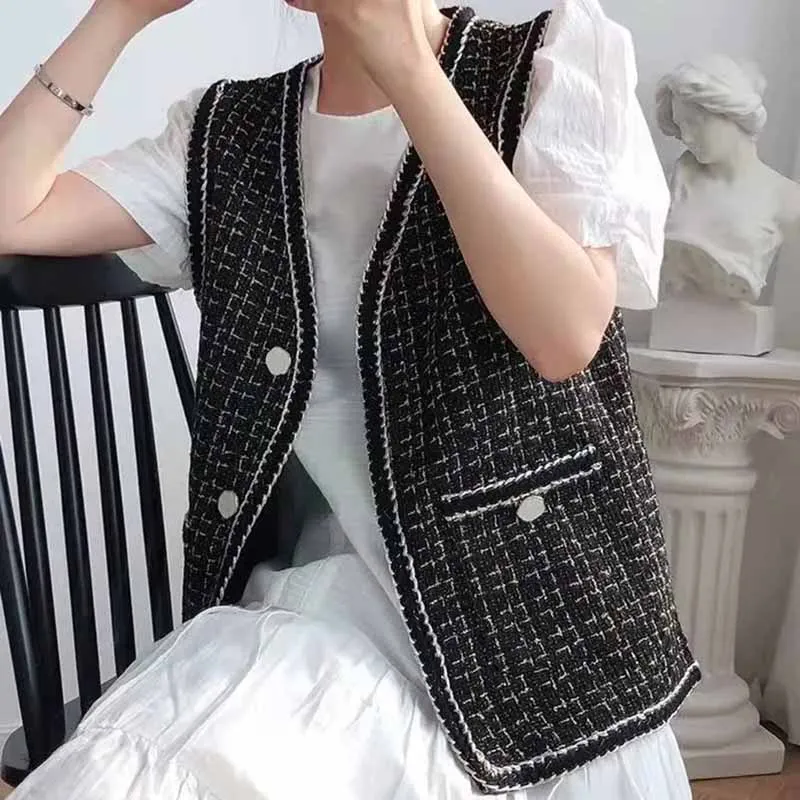 

Autumn Female V-neck Mingyuan Xiaoxiangfeng Sleeveless Vest Coat Women Korean Contrast Colored Tweed Sleeveless Cardigan Vest