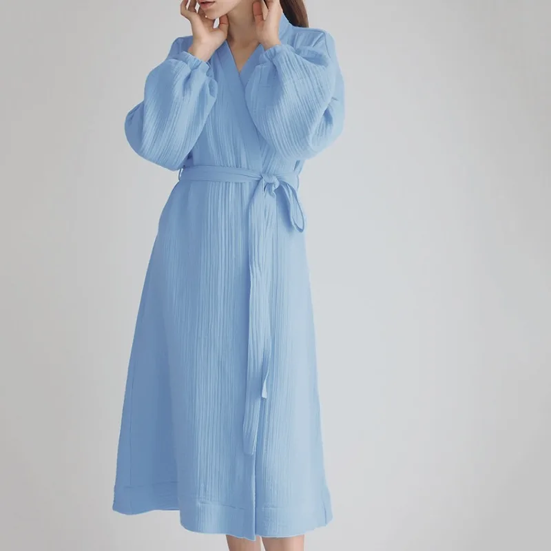 Spring New American Pajamas Double-layer Wrinkled Yarn Comfortable Skin-friendly Bathrobes Casual Long Pajamas Loungewear Women'