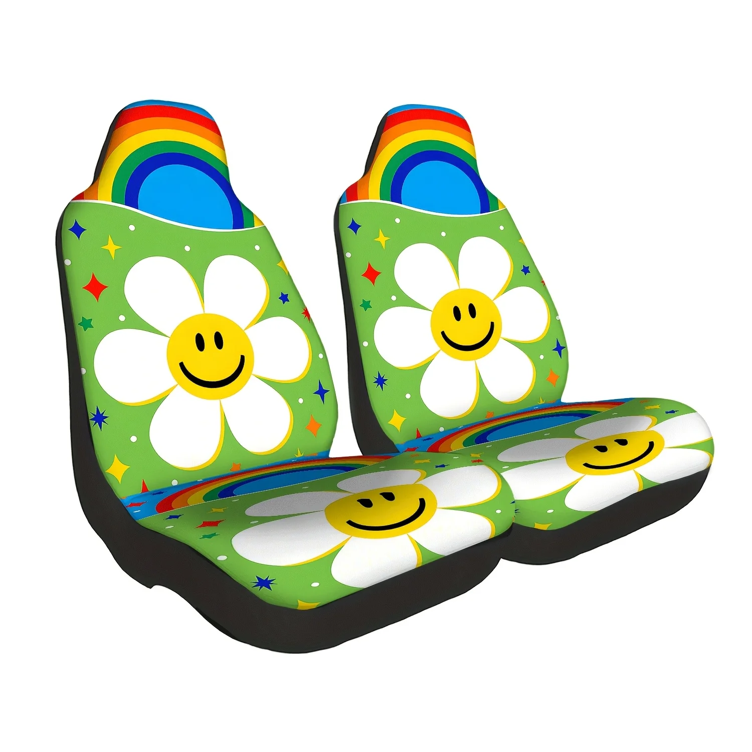 Set Of 2 Front Seat Covers For Cars, Featuring A Rainbow Smiley Face Print, Suitable For Sedans, Suvs, And Trucks. Durable Polye