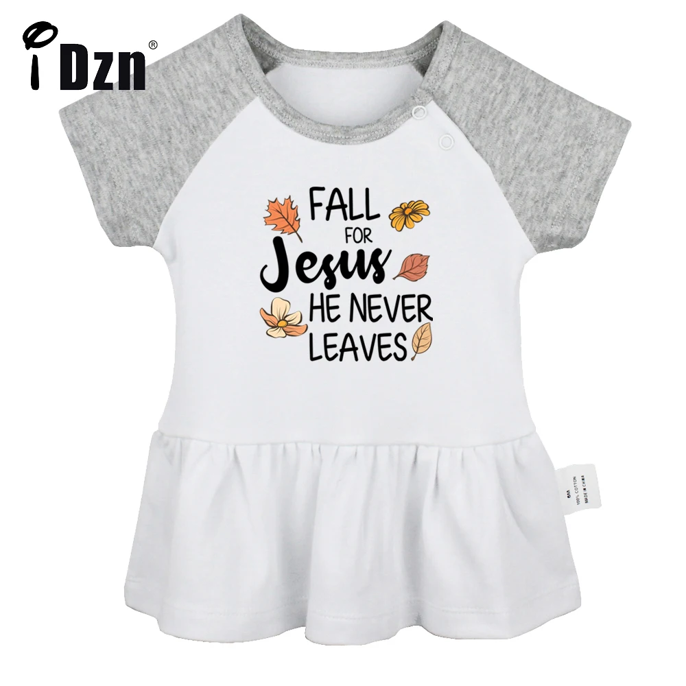 iDzn Summer NEW Fall For Jesus He Never Leaves Baby Girls Cute Short Sleeve Dress Infant Funny Pleated Dress Soft Cotton Dresses